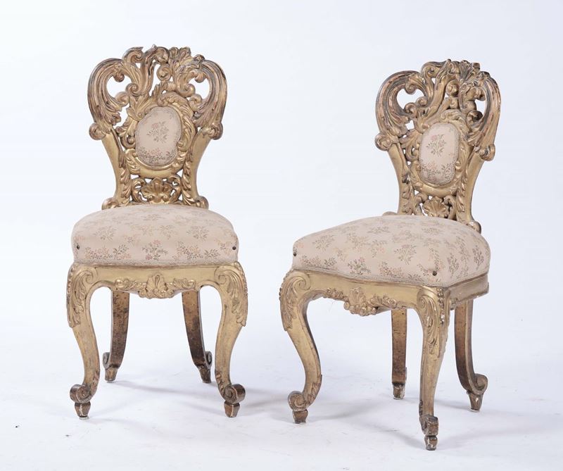 Coppia di poltroncine in legno intagliato e dorato, Napoli XIX secolo  - Auction Furnishings and Works of Art from Important Private Collections - Cambi Casa d'Aste