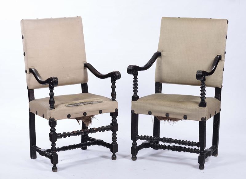 Coppia di seggioloni a rocchetto in stile rinascimento, XVIII secolo  - Asta Arredi e Oggetti d'Arte da Importanti Collezioni Private - Cambi Casa d'Aste