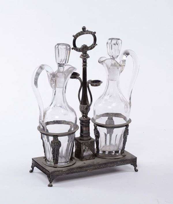 Porta olio e aceto Impero in argento completa di bottiglie, Napoli XIX secolo