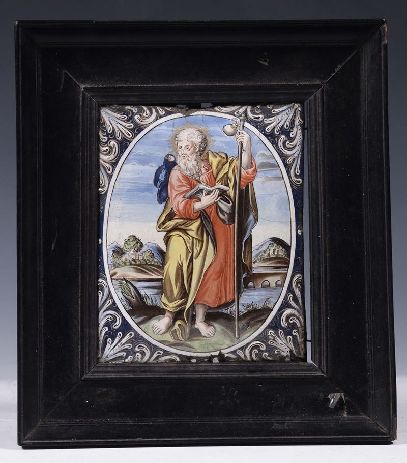 Jacques Laudin (1627-1695), bottega di, Limoges XVII secolo Placca in smalto raffigurante S. Giacomo Maggiore  - Asta Scultura e Oggetti d'Arte - Cambi Casa d'Aste