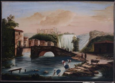 Anonimo del XIX Secolopaesaggio con Cascata Veduta di Paesaggio Costiero