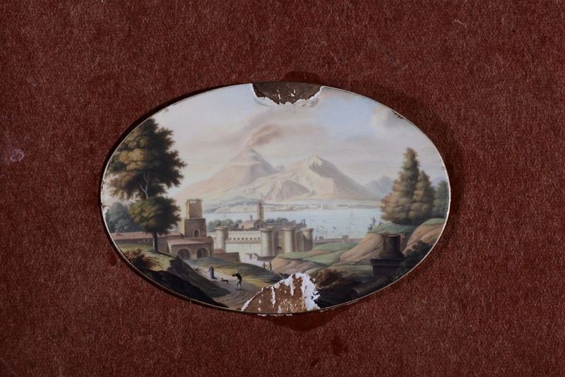 Miniatura ovale raffigurante veduta di Napoli, XIX secolo  - Asta Arredi e Oggetti d'Arte da Importanti Collezioni Private - Cambi Casa d'Aste