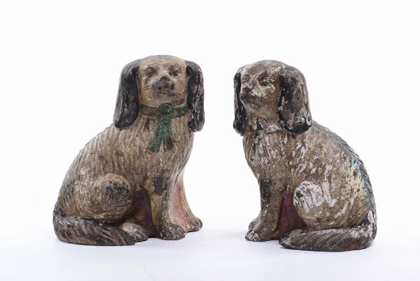 Due cani in terracotta policroma, XVIII secolo