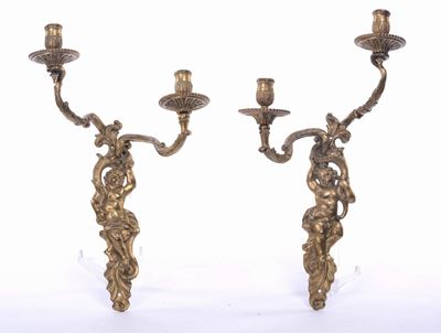 Coppia di Appliques in Bronzo Dorato a Due Luci, XVIII-XIX Secolo