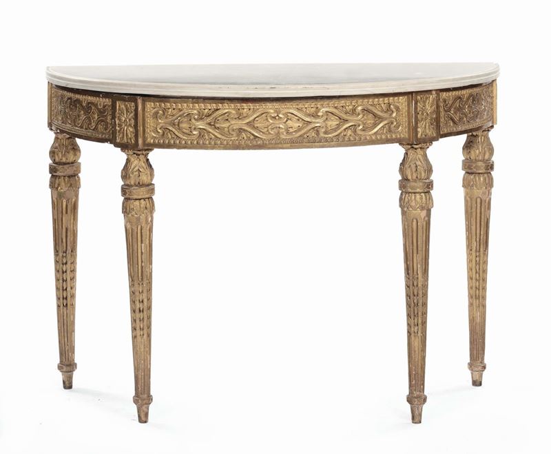 Console a mezza-luna  in legno intagliato e dorato, Piemonte XVIII secolo  - Auction Furnishings and Works of Art from Important Private Collections - Cambi Casa d'Aste