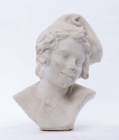 Busto in Marmo Bianco Raffigurante Bambino con Cappello, XX Secolo