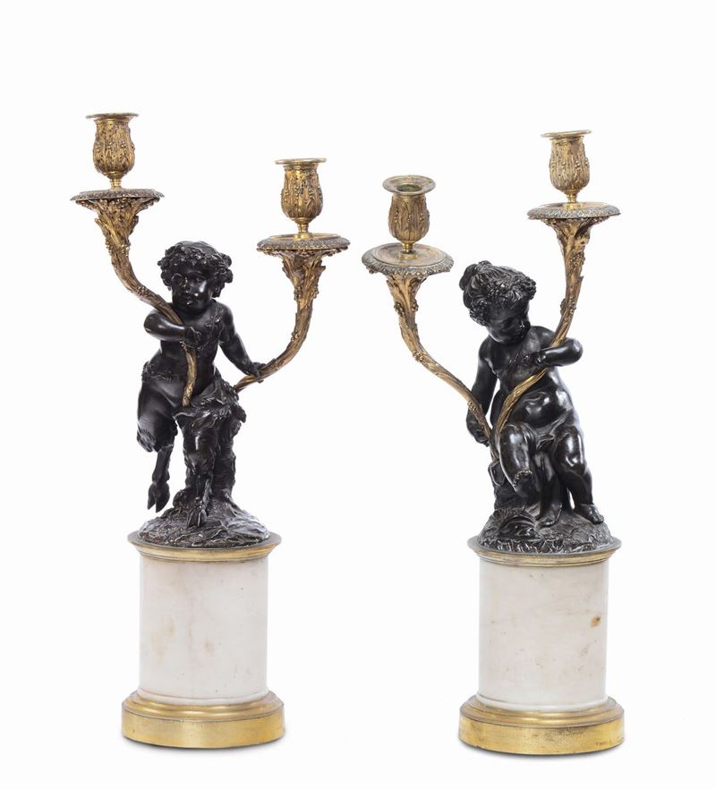 Coppia di candelabri a due luci e bronzo dorato e brunito, XVIII secolo  - Asta Arredi e Oggetti d'Arte da Importanti Collezioni Private - Cambi Casa d'Aste