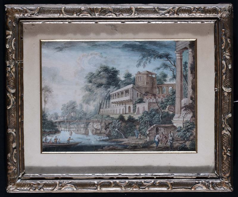 Scuola Francese del XVIII secolo Paesaggio con architetture  - Asta Arredi e Oggetti d'Arte da Importanti Collezioni Private - Cambi Casa d'Aste