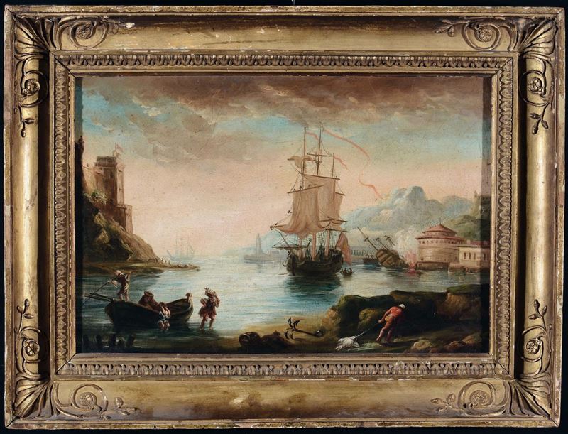 Dipinto raffigurante marina in cornice dorata antica  - Asta Arredi e Oggetti d'Arte da Importanti Collezioni Private - Cambi Casa d'Aste