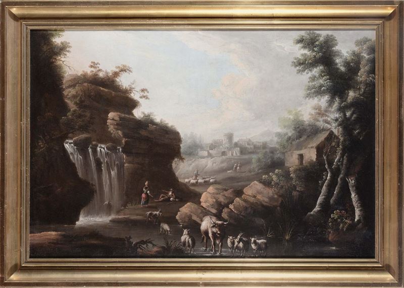 Scuola del XVIII secolo Paesaggio con mucche  - Auction Furnishings and Works of Art from Important Private Collections - Cambi Casa d'Aste