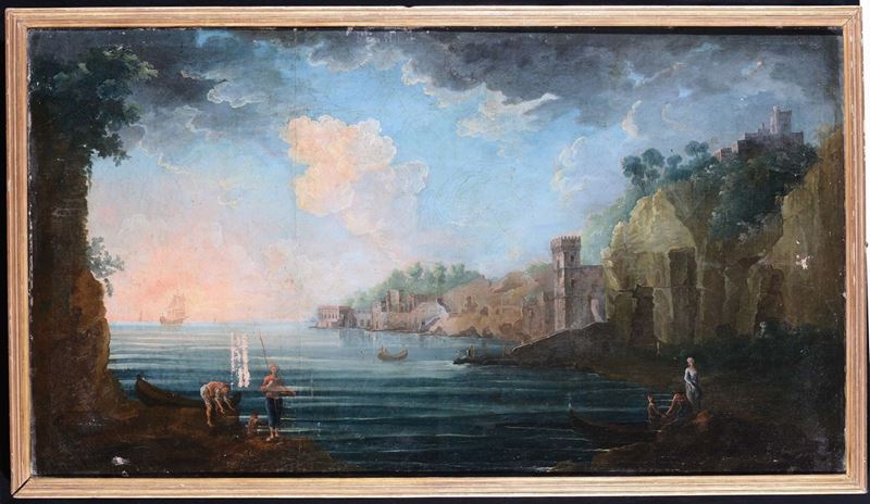 Anonimo del XIX secolo Paesaggio con pescatori  - Asta Arredi e Oggetti d'Arte da Importanti Collezioni Private - Cambi Casa d'Aste