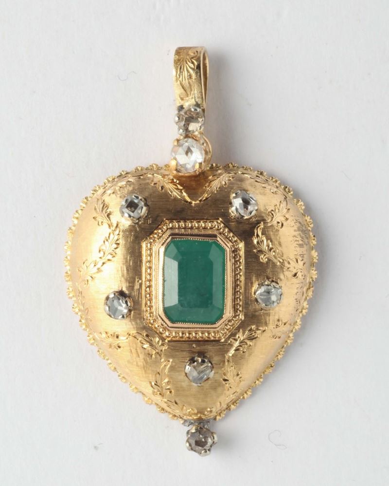 Pendente cuore con smeraldo e diamanti  - Auction Silvers and Jewels - Cambi Casa d'Aste
