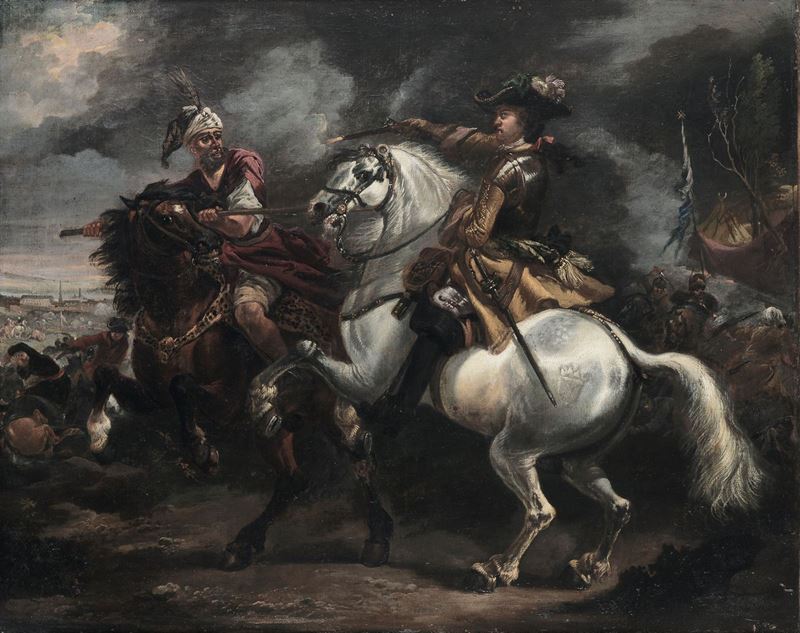 Jan Wyck (Haarlem 1652 - Mortlake 1702) Battaglia con cavalieri  - Asta Antiquariato e Dipinti Antichi - Cambi Casa d'Aste