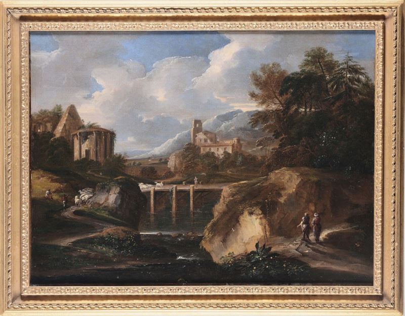 Alessio De Marchis (Napoli 1640 - Perugia 1752) Paesaggio con architetture  - Asta Dipinti Antichi - II - Cambi Casa d'Aste