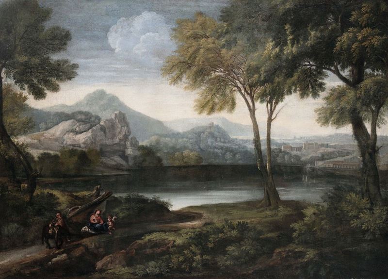 Crescenzo Onofri (Roma 1632 - 1715 c.) Veduta fantastica del lago di Nemi  - Asta Dipinti Antichi - II - Cambi Casa d'Aste
