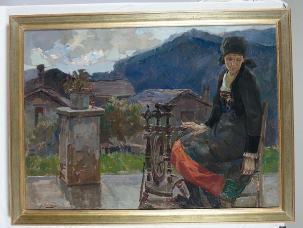 Gino Piccioni (Foligno 1873- Biella 1941) Paesaggio con figura femminile all’arcolaio