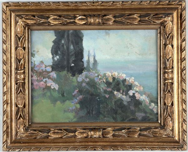 Gino Piccioni (Foligno 1873 - Biella 1941) Paesaggio con fiori e cipresso