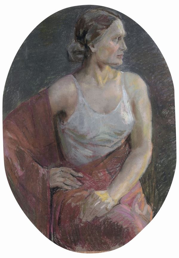 Gino Piccioni (Foligno 1873 - Biella 1941) Modella in rosso, 1930