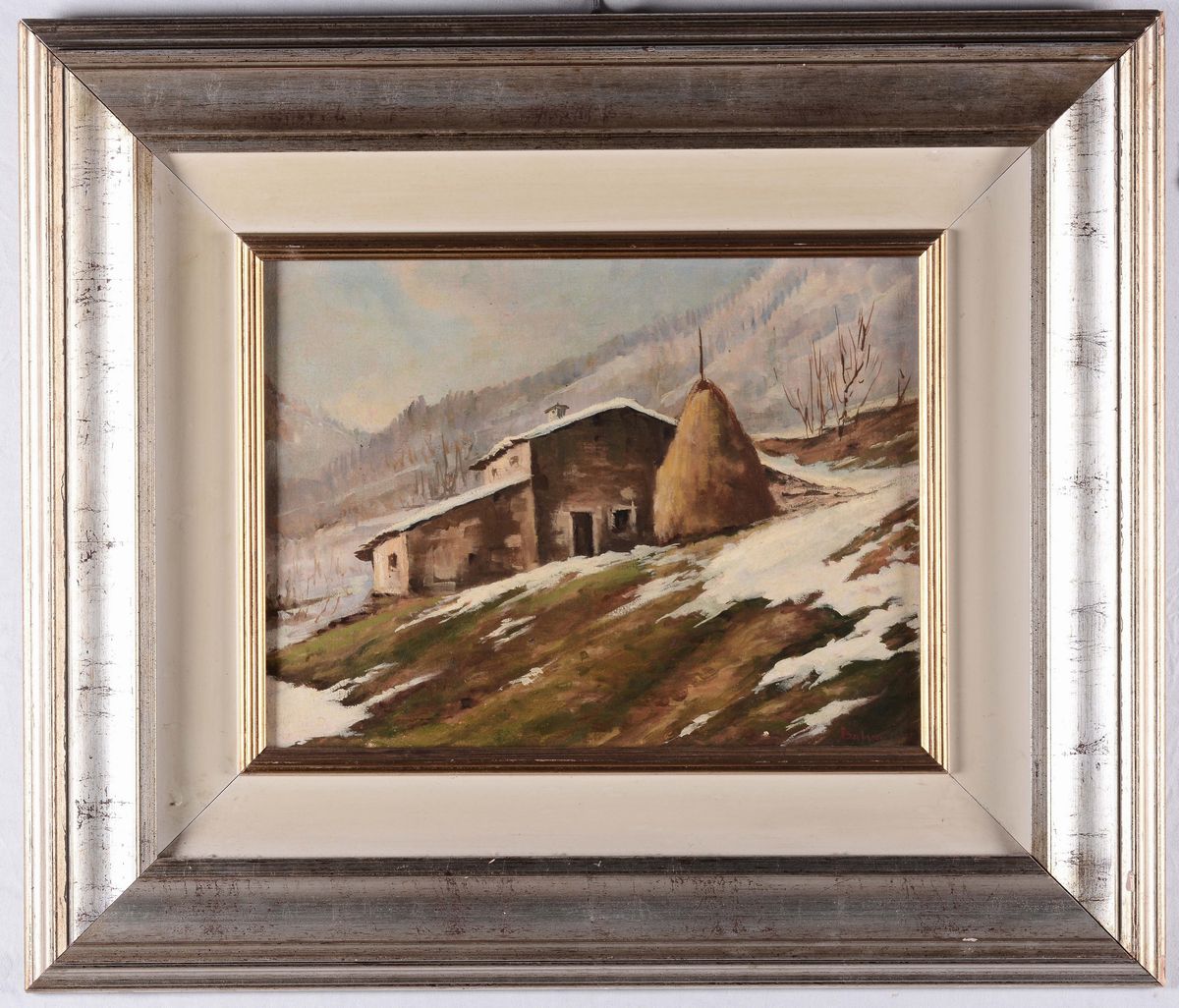 Tre Dipinti con Vedute Montane e uno con Funghi Firmato Badiati 1956
