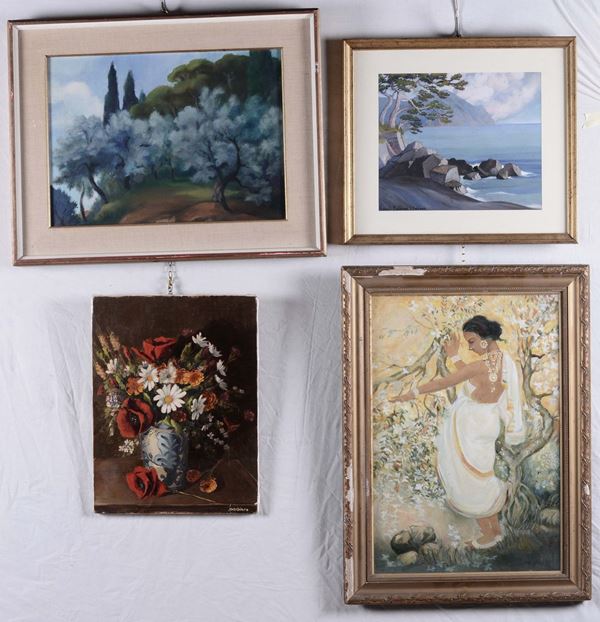 Quattro dipinti tra cui una danzatrice, due vedute costiere e natura morta