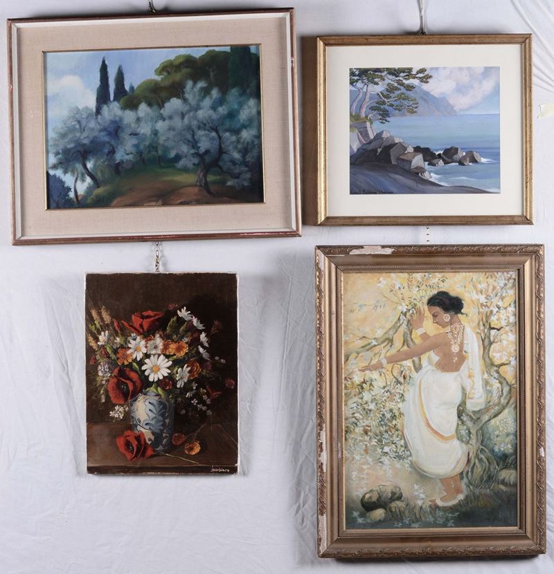 Quattro dipinti tra cui una danzatrice, due vedute costiere e natura morta  - Asta Arredi e Oggetti d'Arte da Importanti Collezioni Private - Cambi Casa d'Aste