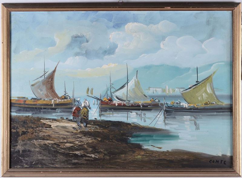 Conte (XX secolo) Veduta di porto  - Asta Arredi e Oggetti d'Arte da Importanti Collezioni Private - Cambi Casa d'Aste