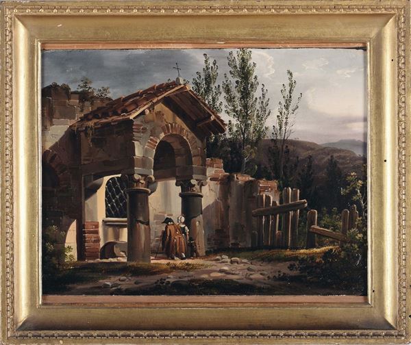 Federico Moja, attribuito (Milano 1802 - Dolo 1885) Paesaggio con figure