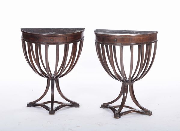 Coppia di tavolini a stecche lastronati, XIX secolo
