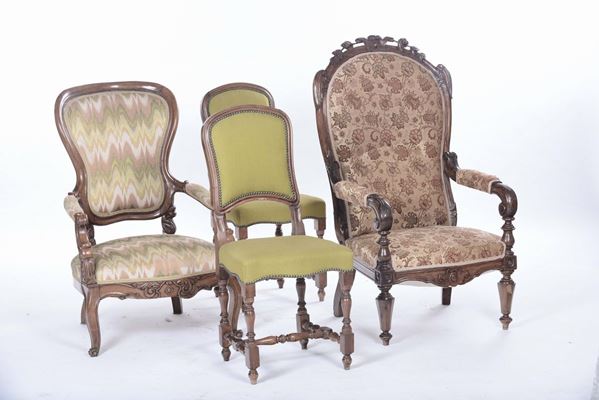 Due poltroncine e coppia di sedie, XIX secolo