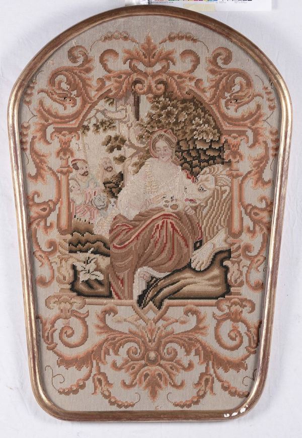 Tessuto ricamato raffigurante dama con leone, XVIII secolo