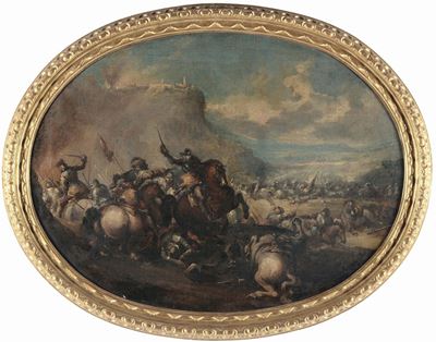Scuola Italiana del XVIII Secolocoppia di Dipinti Raffigurante Battaglia con Cavalieri