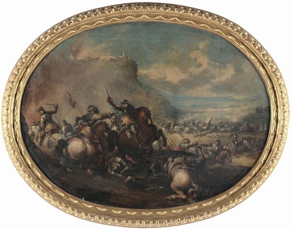 Scuola Italiana del XVIII secolo Coppia di dipinti raffigurante battaglia con cavalieri