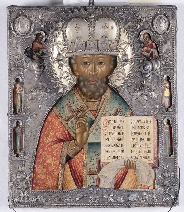 Due icone diverse raffiguranti Madonna con Bambino e Santo, Russia XIX secolo