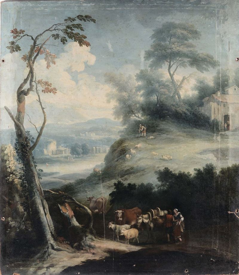 Scuola Piemontese del XVIII secolo Paesaggio con viandanti  - Asta Antiquariato e Dipinti Antichi - Cambi Casa d'Aste