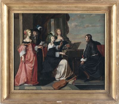 Hieronymus Janssens (anversa 1624 - 1693)elegante Compagnia con Clavicembalo
