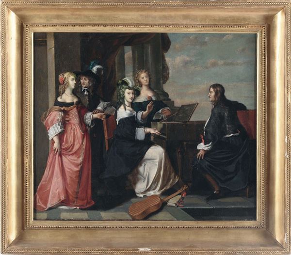 Hieronymus Janssens (Anversa 1624 - 1693) Elegante compagnia con clavicembalo