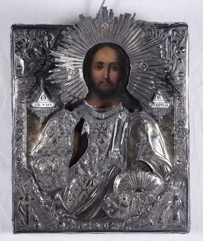 Icona con Riza in Argento Raffigurante Cristo Benedicente, XIX Secolo