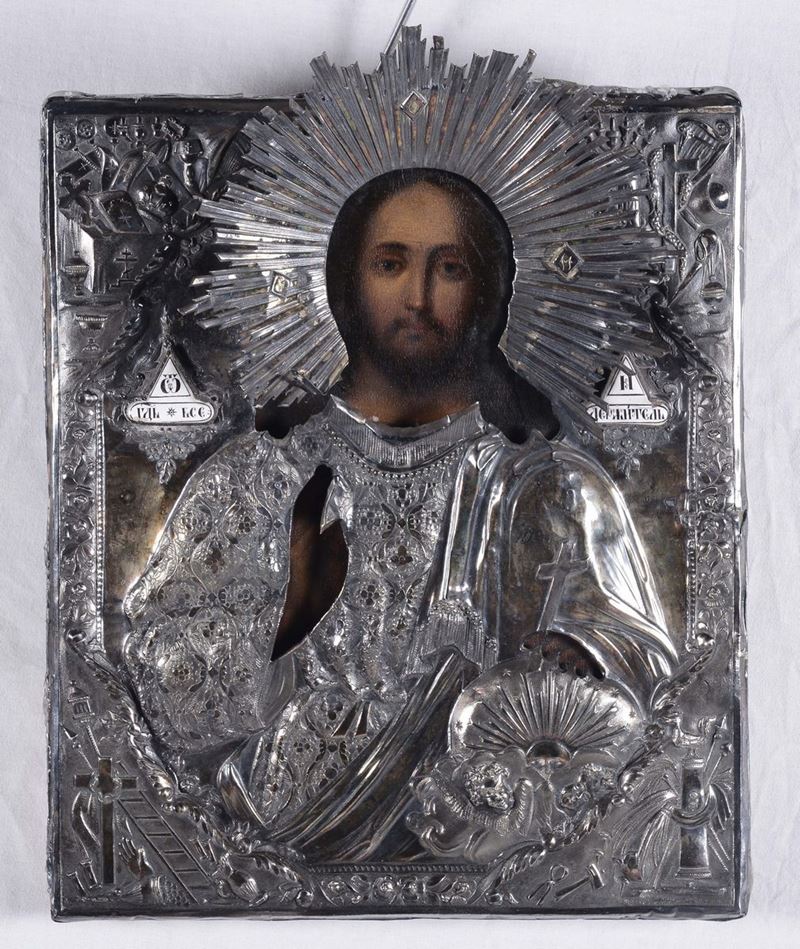 Icona con riza in argento raffigurante Cristo benedicente, XIX secolo  - Auction Furnishings and Works of Art from Important Private Collections - Cambi Casa d'Aste