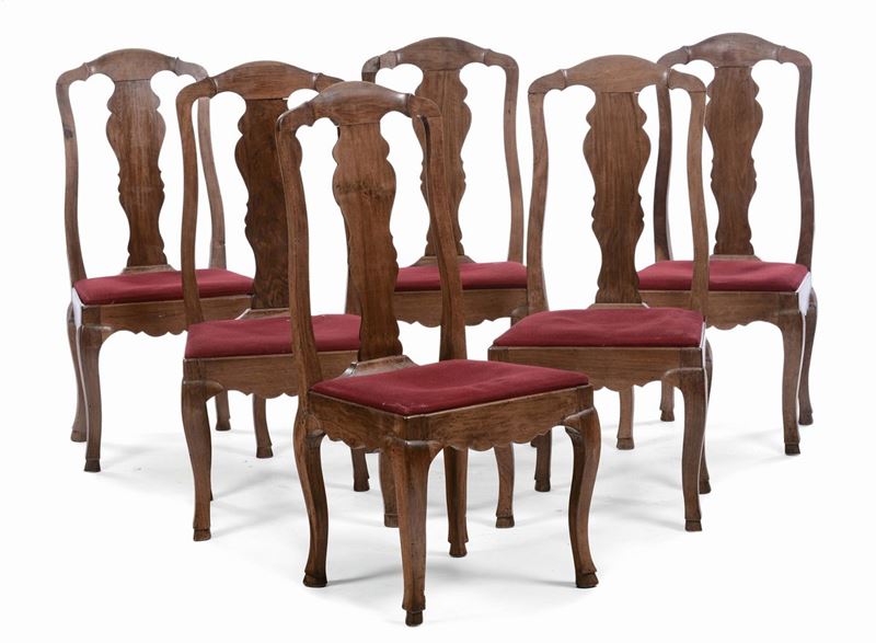 Sei sedie in noce con schienale a stecca  - Auction Furnishings and Works of Art from Important Private Collections - Cambi Casa d'Aste