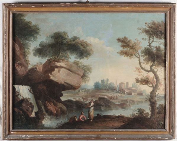 Scuola Veneta del XVIII secolo Paesaggi fluviali con personaggi e lavandaie