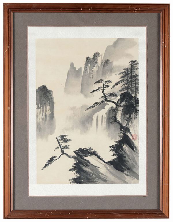 A lot of four prints on silk representing landscapes, China, Republic, 20th century
