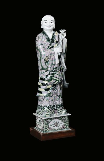 Statua di Saggio con Scettro in Porcellana Policroma, Cina, Dinastia Qing, XIX Secolo