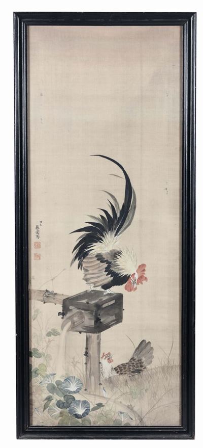 Dipinto Firmato su Seta con Gallo, Cina