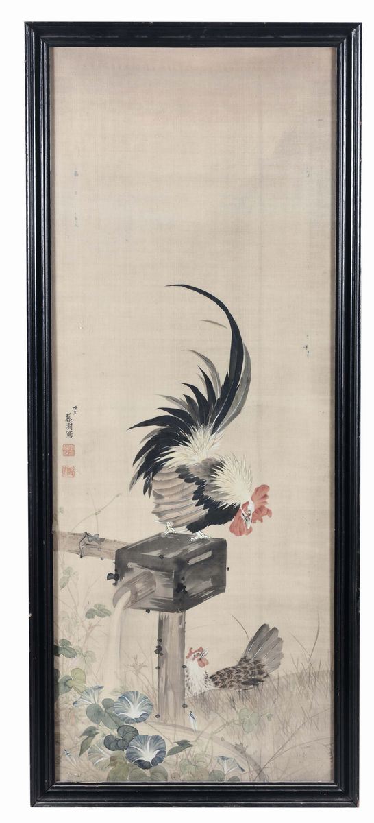 Dipinto firmato su seta con gallo, Cina