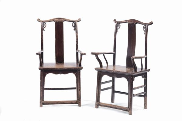 Two Ming-style wood high-backed armchairs, China, Qing Dynasty, 19th century