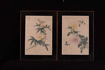 Dieci Stampe Orientali su Seta con Fiori ed Insetti