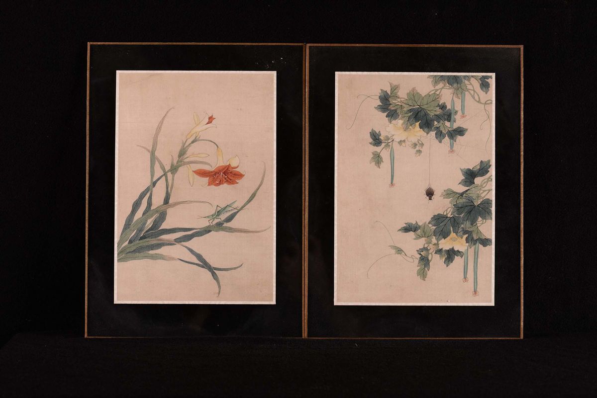 Dieci Stampe Orientali su Seta con Fiori ed Insetti