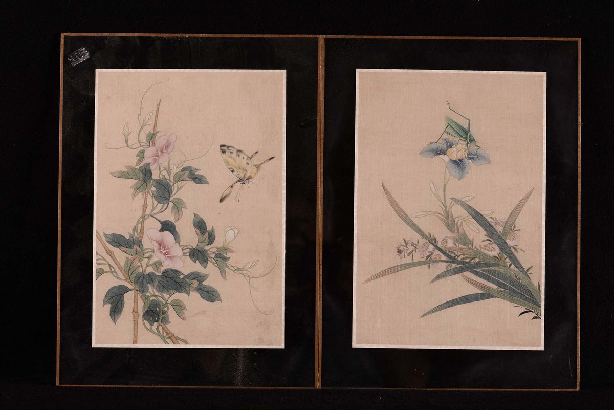 Dieci Stampe Orientali su Seta con Fiori ed Insetti