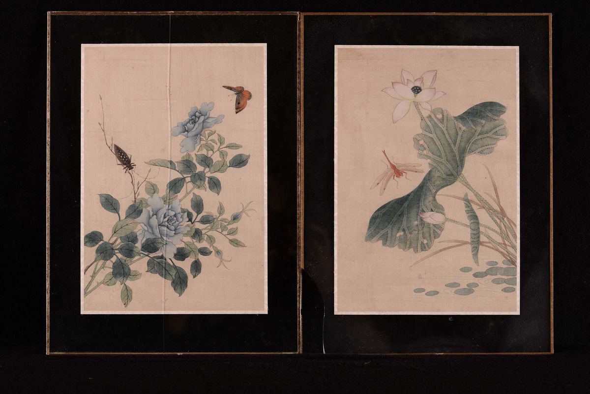 Dieci Stampe Orientali su Seta con Fiori ed Insetti
