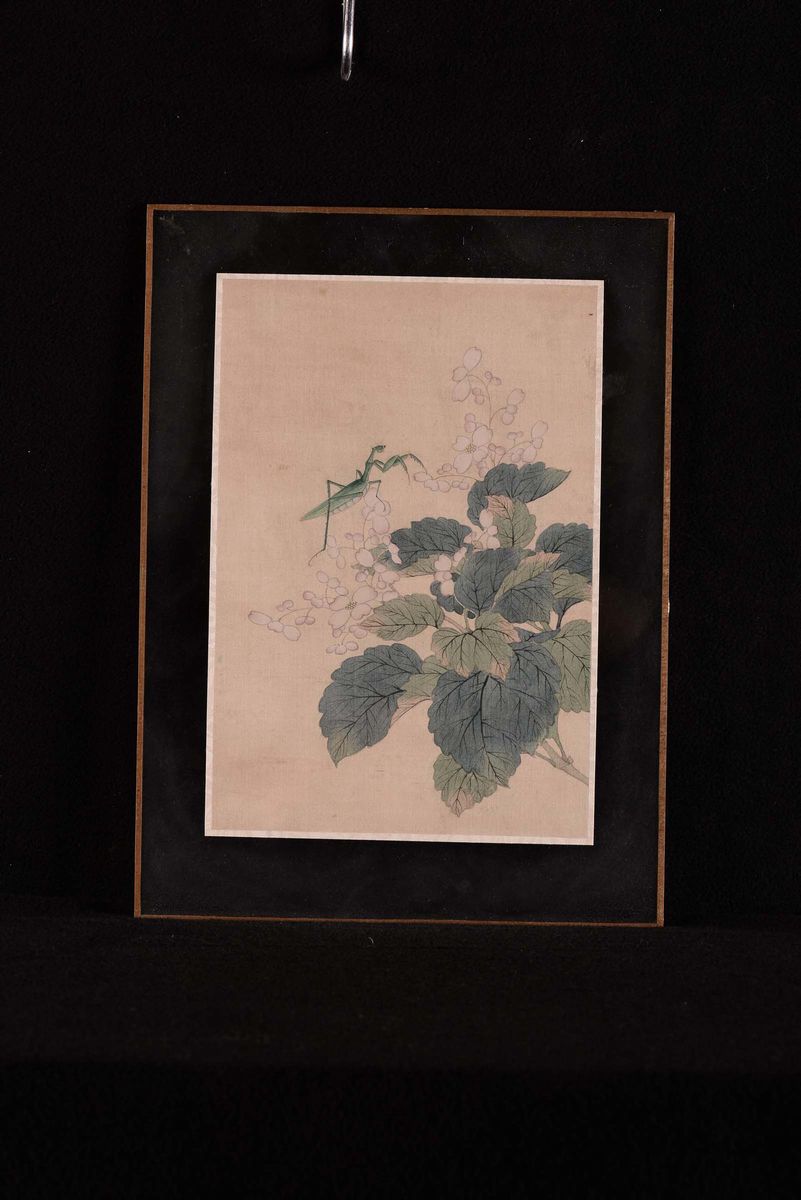 Dieci Stampe Orientali su Seta con Fiori ed Insetti